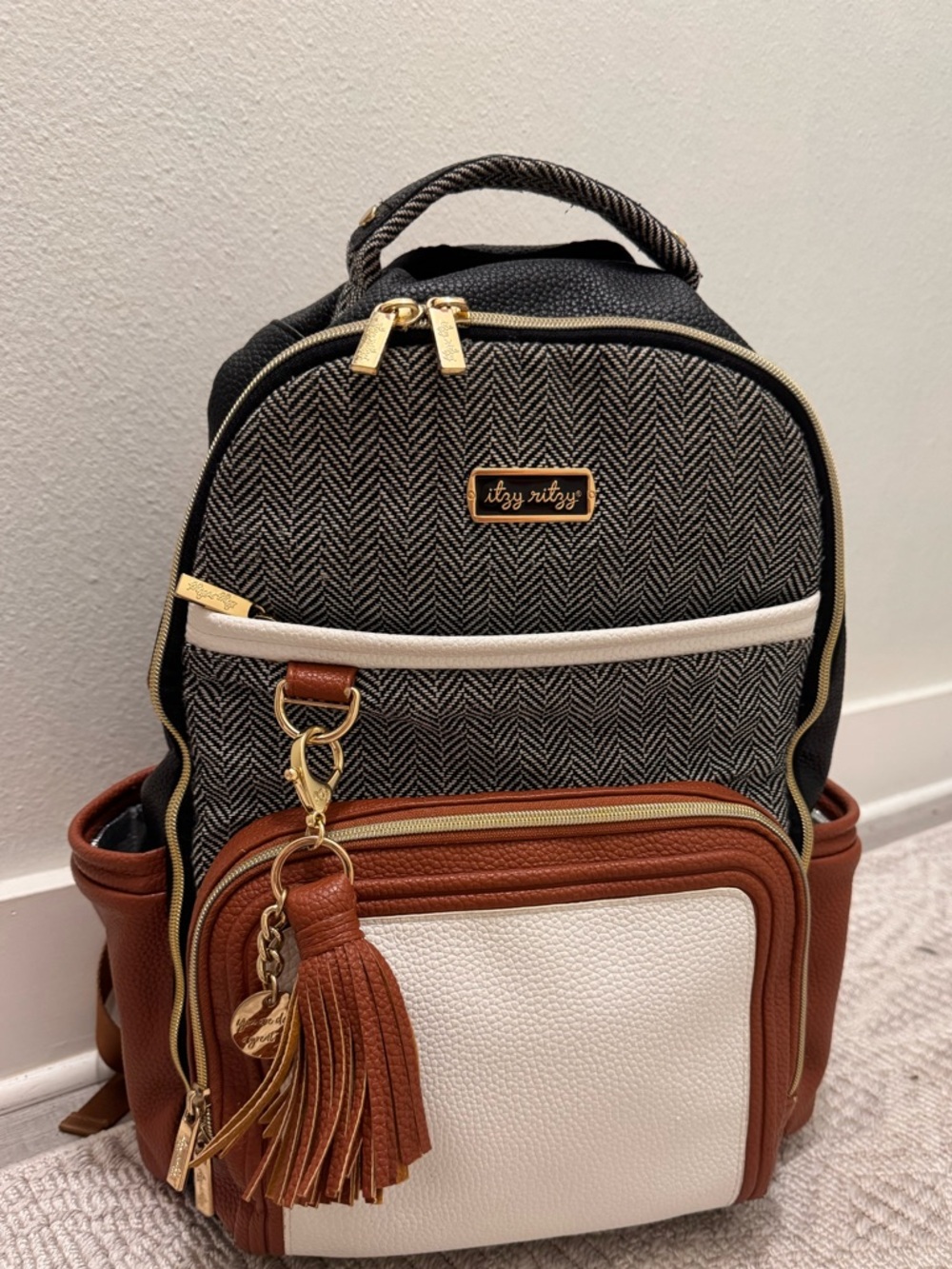 Itzy Ritzy Herringbone Diaper Backpack in Cream, Tan & Black